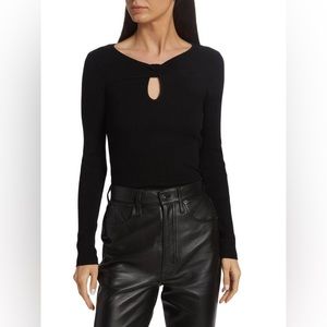 Y2K Bow Design Key Hole Front Black Ribbed Long Sleeve Top
